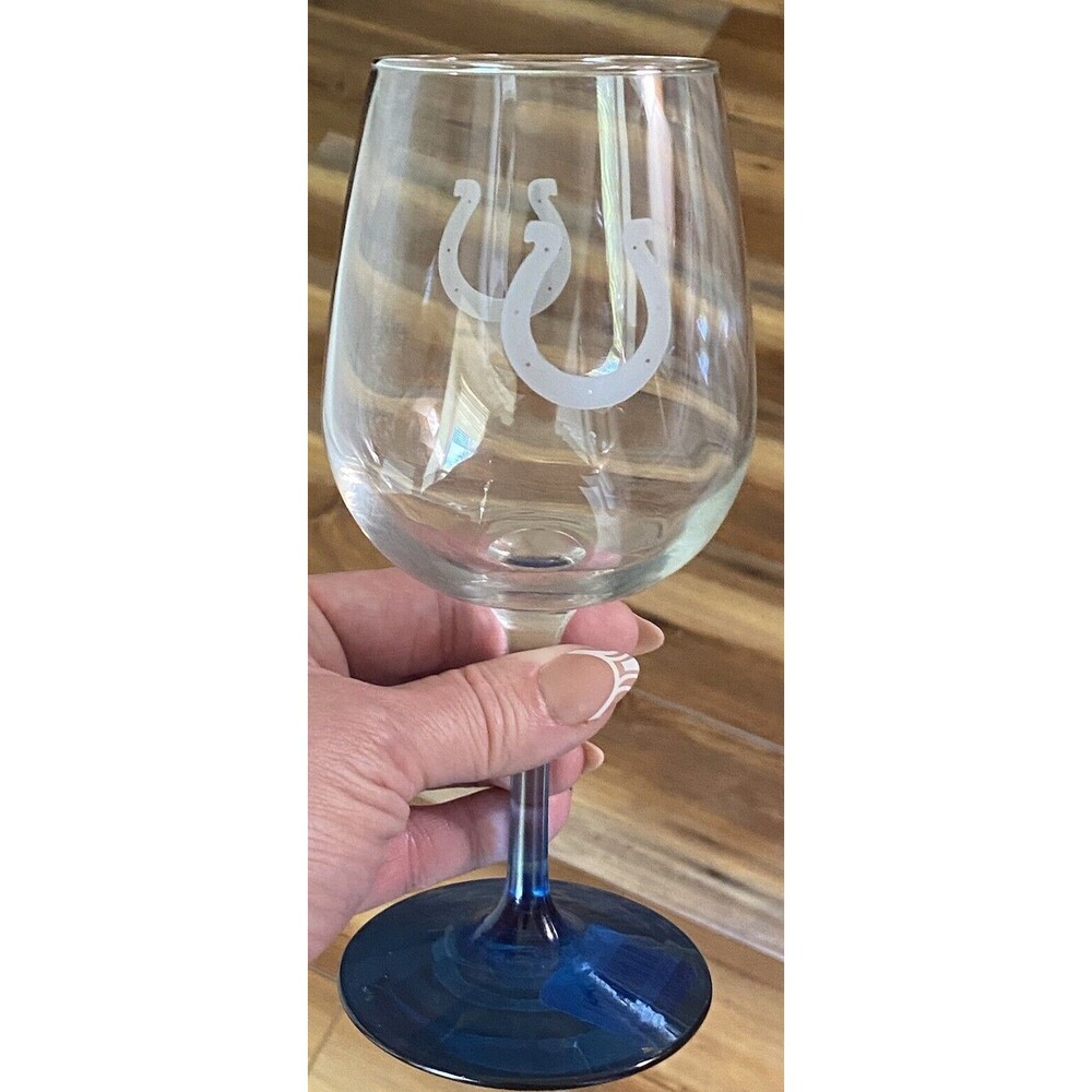 Colts Blue Tinted Stem Wine Glass 7” Tall